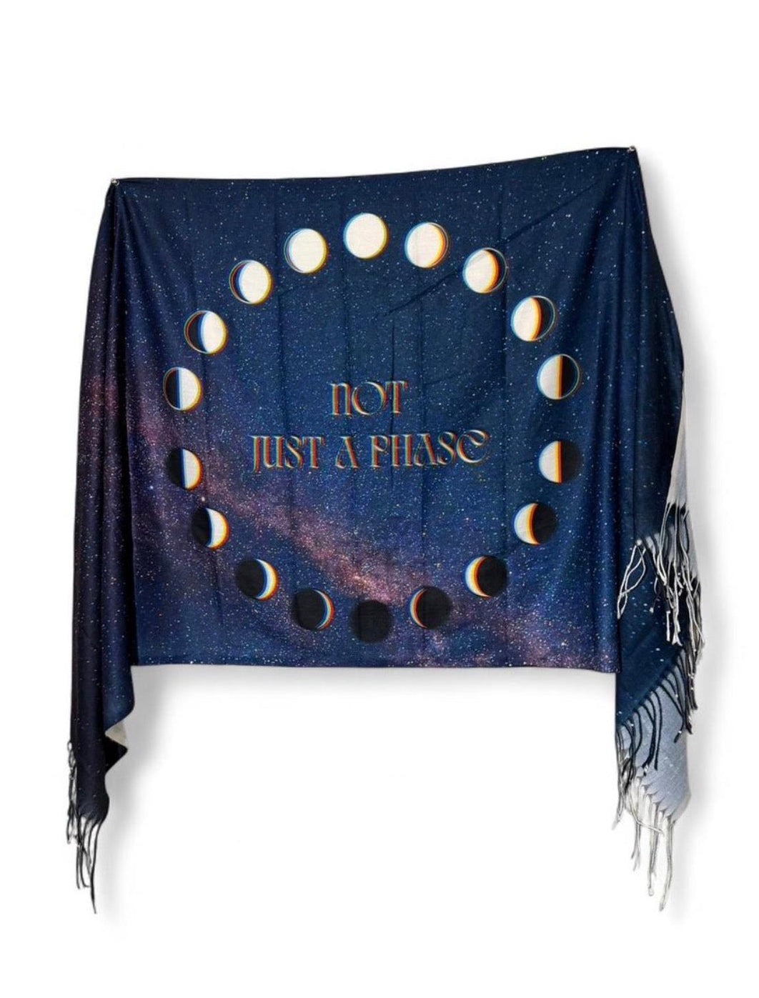 moon phase with  'Not Just a Phase' text on a sky with stars pashmina photo