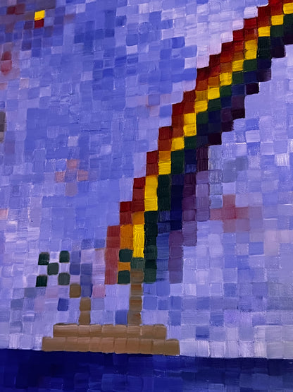 Pixelated rainbow and tree on a blue background